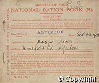 Ration book issued to child, Maggie Severn, at Alfreton, 22 Oct