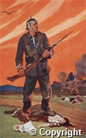Postcard: Colour image showing German soldier with bloody bayonette standing on the bodies of a young woman and a baby