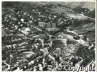 Black and white aerial photograph showing the Crescent, Slopes, Dome, Palace Hotel, Town Hall, Manchester Road area, Lightwood Road and Brown Edge Road. Pencil inscription in the back says 1922.