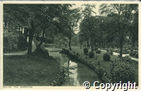 Postcard featuring a black and white photograph of the Serpentine Walks alongside the River Wye in Buxton.