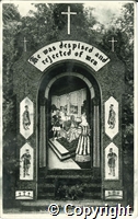 Postcard featuring a black and white photograph of St Ann's Well decorated on the theme of He was Despised and Rejected of Men for the well dressing festival in 1961.