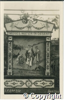 Postcard featuring a black and white photograph of the Higher Buxton well dressing titled Moses Water in Desert on the market place in 1931.