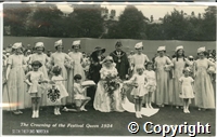 Postcard featuring a black and white photograph of the crowning of the well dressing festival queen, Peggy Mycock