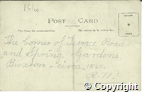 Postcard featuring a black and white photograph of the corner of Terrace Road and Spring Gardens in Buxton, circa 1860.