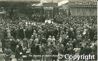 Postcard featuring a black and white photograph showing the blessing of the well on the market place in Buxton in 1931.