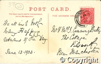 Postcard with coloured photograph of Buxton Gardens. Stamped. Postmarked June 13th 1903.
