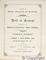 Souvenir programme for the unveiling of the roll of honour for the parish of Chinley,  Bugsworth and Brownside, including list of names of men who served in the Great War, 27 Oct 1917