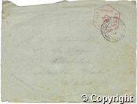 Envelope addressed to Mrs W W Hammond in Downham Market, Norfolk, postmarked 29 Aug 1916, enclosing piece of lace from Roman Catholic priest's gown and pressed flower;
endorsed "piece of lace from padre gown - RC priest - all his robes are lying about in the garden, library all torn up &
home wrecked, terrible sight"