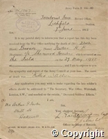 Notification by the Territorial Force Record Office to Mr Arthur P Fewkes of Mill Street, Bakewell, of the death of Private Fewkes, "killed in action", with printed letter of sympathy from Lord Kitchener sent on behalf of the King and Queen.  7 Jun