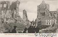 Postcard: The Great European War 1914. Fire of Louvain Belgium. Aug, 22-23-24. Cathedral Church and Trippes Street