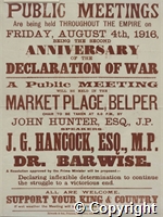 Second Anniversity of the Declaration of War Public Meeting notice and poster, 4 Aug