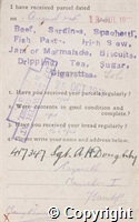 Postcard from A H Doughty to his father, c/o Sherwood Foresters Prisoners of War Regimental Care Committee acknowledging receipt of a parcel containg food and cigarettes