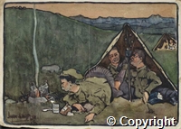 Watercolour by John Chaplin of three soldiers [including Edgar Osborne] on field service `Drumming up'