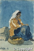 Watercolour by John Chaplin of a [Palestinian?] woman sitting with a bowl of fruit