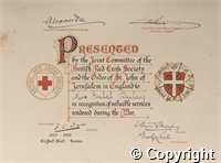 Certificate presented by British Red Cross Society in recognition of valuable services rendered during World War I