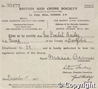Certificate of a nurse's role in the VAD, 1 Dec 1915