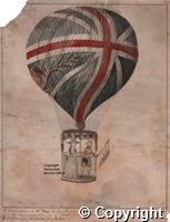 A Representation of Mrs Sage the first English Female Aerial Traveller , ascending with George Biggin Esq, from the Royal George Rotunda in St Georges Fields. - This aerial journey was perform'd on Wednesday with Mr Lunardi's New British Flag Balloon. Available on CD 157.