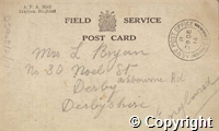 Field Service Postcard to Mrs Bryan, re. having received her parcel & letter. He will respond at the first  available opportunity. Also includes a handwritten note wishing a merry Christmas and a happy new year, 21 Dec