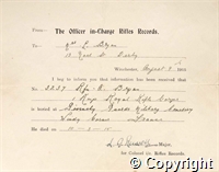 Letter from the Officer in Charge Rifles Records to Mrs. Bryan informing Mrs Bryan of the location of Arthur Bryans grave, 9 Aug