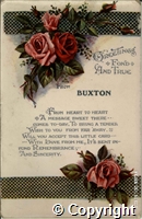 A romantic postcard from Buxton with a red rose at top left and bottom right corners, and a poem on the front.