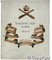 Printed Christmas card from 'Jack', featuring a message from [King] George, Colonel-in-Chief of the Machine Gun Corps and illustrations captioned 'A Machine Gunner', 'Absent Friends', 'In Action' and 'Going into Action'