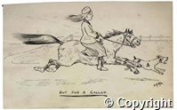 Cartoon by H J Rylands reading 'INSTRUCTOR: "Now when I says "MOUNT", I want to see yer vault into the saddle, wivout a touching the stirrup, & I don't want to see yer a climbin' up the 'oss!"'